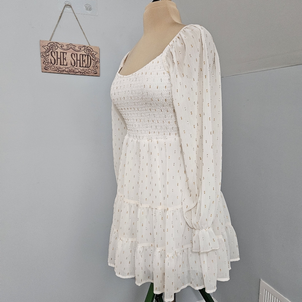 Altar’d State White Smocked Dress Gold Dot Tiered Size M Cottage Fairy Boho - Picture 5 of 14